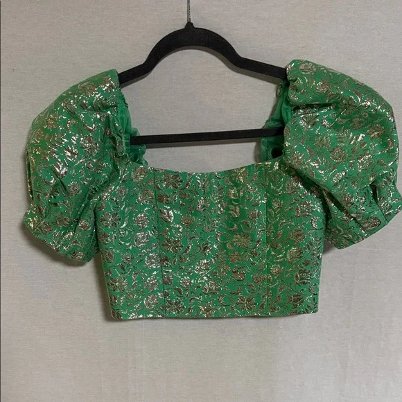 Alice + Olivia “Joslyn” Cropped Metallic Green and Gold Brocade/Jacquard Blouse - Picture 2 of 16